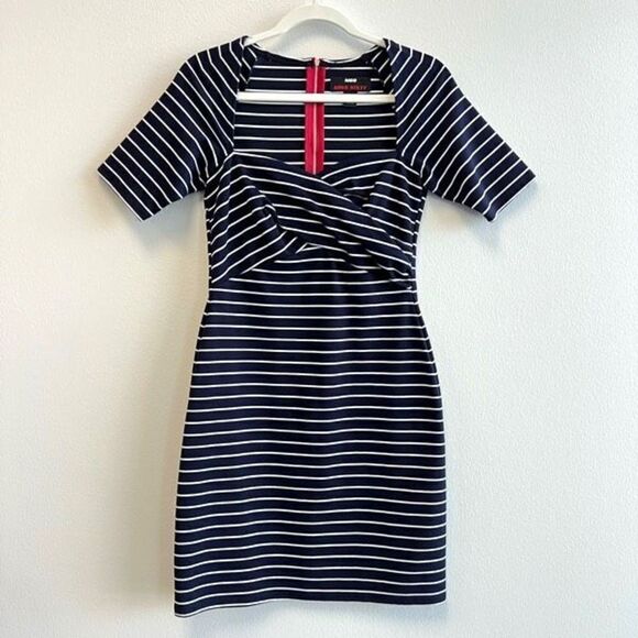 MISS SIXTY Navy White Striped Stretch A-line Midi Dress Women’s Size 4 - Picture 1 of 11